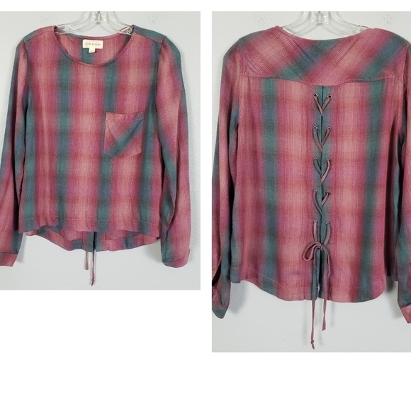 ANTHRO CLOTH & STONE Plaid Long Sleeve Tie Back Front Pocket Top Sz S - Picture 1 of 9